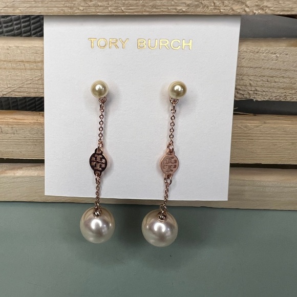 Tory Burch Jewelry - Tory Burch Rose Gold Pearl Drop Earrings